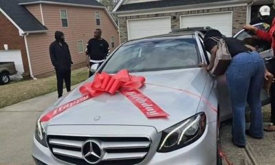 (PHOTOS) US-based Nigerian nurse gifts her husband who brought her to America Mercedes Benz on 50th birthday.