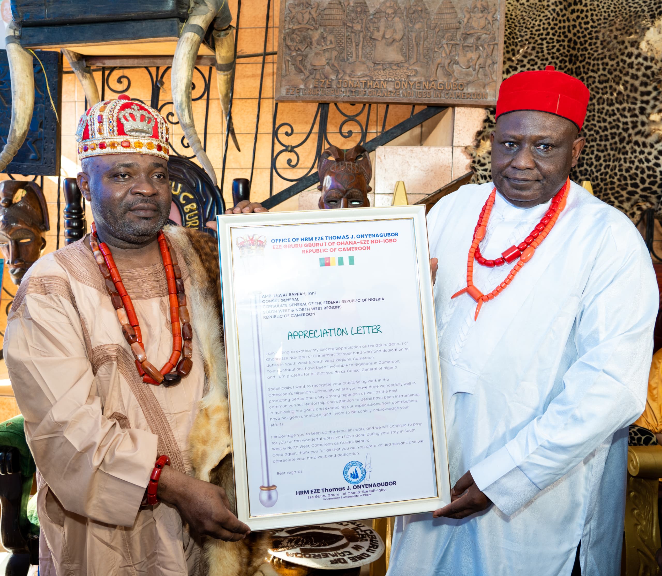 Eze Gburu Gburu 1 of Ohana Eze Ndi Igbo in Cameroon, HRH Eze Thomas Onyenagubor has conferred the Chieftaincy title of (Ezinna) GooD