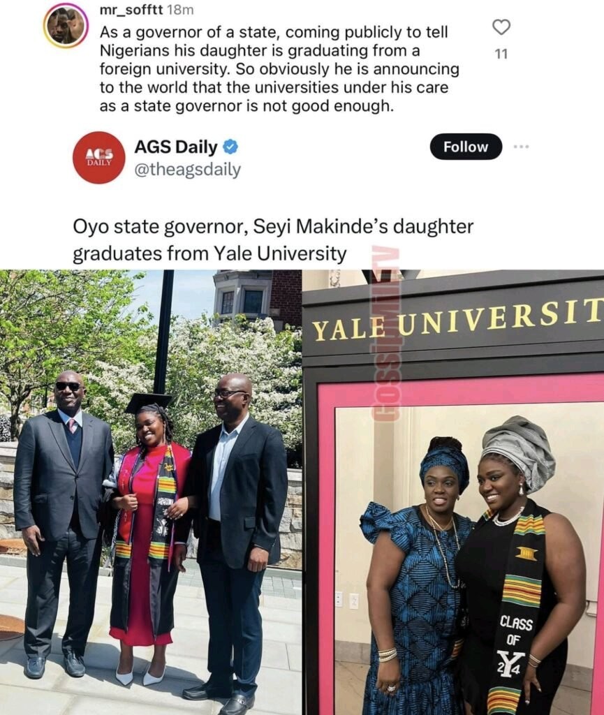 Netizens express their displeasure with Governor Seyi Makinde for sharing that his daughter graduated from an American university.