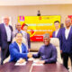 Chairman CBMI Construction Ltd., Zhang Sicai, in a handshake with the chairman, BUA Cement Plc, Abdul Samad Rabiu (sitting), flanked from left to right by: CBMI deputy director of Marketing, Zhang Wanjun; chief operations officer, BUA Cement Plc, Finn Arnoldsen; managing director, BUA Cement Plc. Yusuf Binji; assistant general manager, CBMI, Fengtao Geng; Nigeria regional manager CBMI, Tian Bao; chief financial officer, BUA Cement Plc, Chikezie Ajaero, and CBMI vice general manager, Yang Zhi,during the signing of an agreement with CBMI to build a new ultra-modern 3-million-ton-per-annum cement line in Sokoto, yesterday. PHOTO BUA Cement